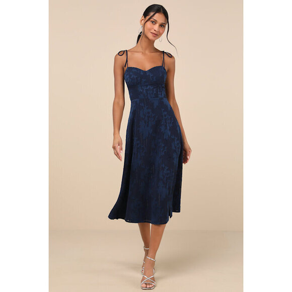 Lulus Loveliest Looks Navy Blue Floral Jacquard Tie-strap Midi Dress - Size S - Picture 1 of 1